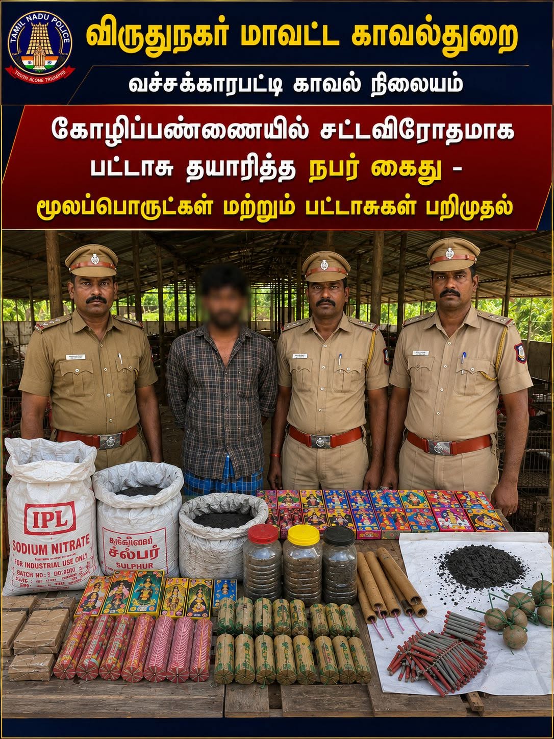 விருதுநகர் மாவட்ட காவல்துறை *கோழிப்பண்ணையில் சட்டவிரோதமாக பட்டாசு தயாரித்த நபர் கைது - மூலப்பொருட்கள் மற்றும் பட்டாசுகள் பறிமுதல்